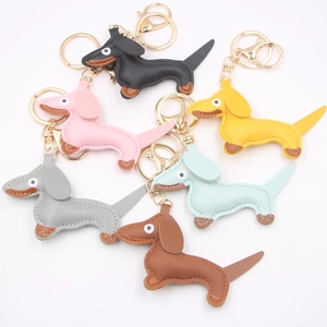 Dachshund PU leather keychains set in six assorted colors with gold metal lobster clasps