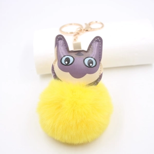 Portachiavi gatto con viso in pelle viola e pompon giallo soffice per borse