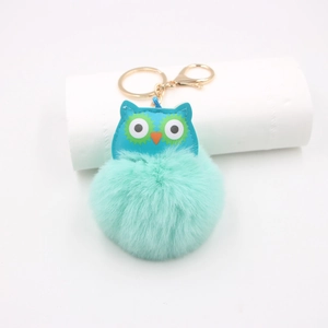 Porte-clés chouette en peluche avec boule de fourrure menthe et fermoir doré