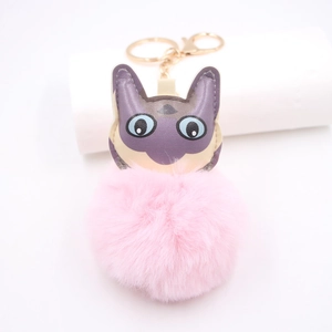 Dettaglio di un simpatico portachiavi a gatto con pon pon rosa e chiusura dorata