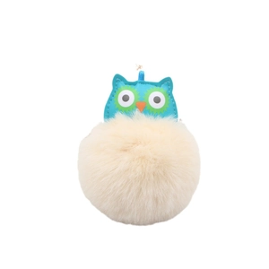 Porte-clés hibou mignon en cuir bleu et pompon pelucheux blanc cassé pour sac à main