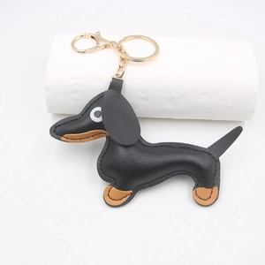 Black and brown leather dachshund dog keychain with gold metal lobster clasp and ring