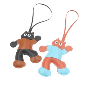 Cartoon cat leather charms with litchi grain texture and handcrafted stitching detail