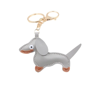 Grey PU leather dachshund keychain with white stitching and gold lobster clasp