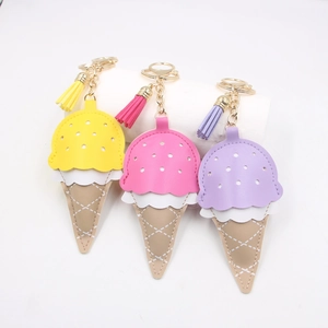 Sweet Creative Ice Cream Shape PU Leather Keychain For Women Fashion Bag Charm Pendant With Tassel Gold Metal Hook Keyring Decoration