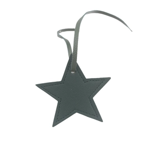Dark gray star-shaped PU leather bag charm with decorative stitching and matching lanyard