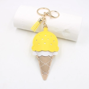 Creative ice cream cone leather keychain with yellow tassel and gold lobster clasp