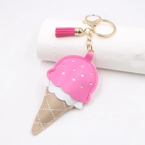 Creative pink and white leather ice cream cone keychain with tassel and gold metal ring
