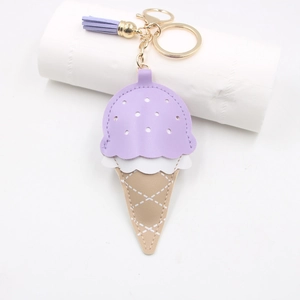 Cute leather ice cream cone keychain with purple tassels and golden lobster clasp