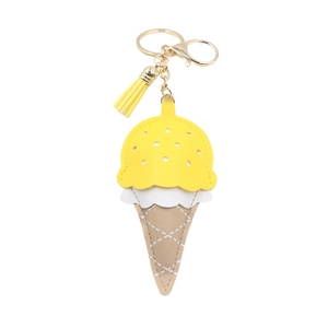 Creative ice cream cone leather keychain with yellow tassel and golden metal hook charm