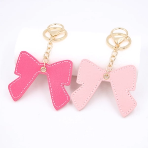 Sweet PU Leather Bowknot Keychain For Women Girls Faux Leather Bow Bag Pendant Gold Metal Key Ring Ornament Gift