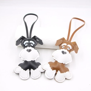Cute Schnauzer Dog Printed PU Leather Bag Charm Keychain Pendant For Handbag Backpack Phone Accessory Coffee Black Gift