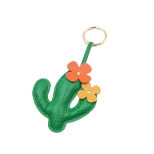 Creative green leather cactus bag charm with yellow flowers and golden metal keychain