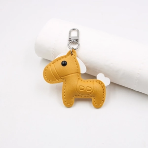 Exquisite yellow lychee leather horse charm with silver metal carabiner keychain