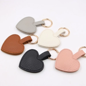 Litchi pattern heart magnetic PU leather keychains in five colors with gold rings