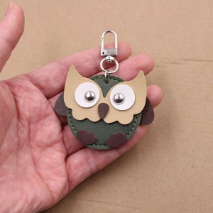 Handmade green leather owl keychain with metal spring clasp for bags and car keys