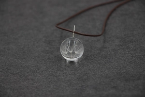 Gros plan de graines de pissenlit dans un pendentif en verre avec cordon brun