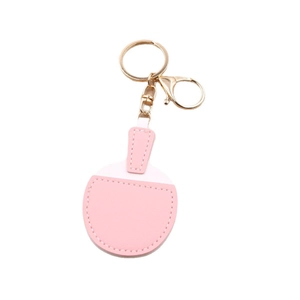 Pink ping-pong paddle leather keychain with gold lobster clasp and white stitching detail