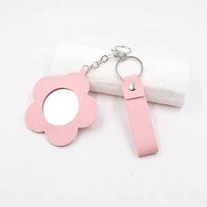 Porte-clés fleur rose en cuir avec miroir et anneau en métal pour sacs et accessoires