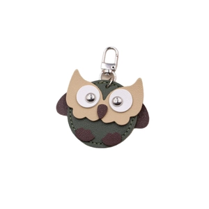 Miniature owl leather keychain pendant with patchwork design and silver metal spring hook