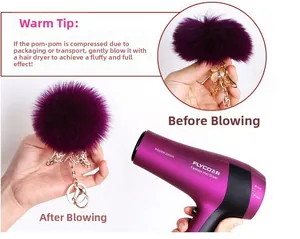 Detail showing how to restore fluffy purple faux fur ball charm using a hair dryer