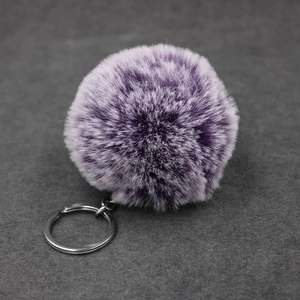 Faux rabbit fur keychain with purple gradient pompom and silver metal keyring