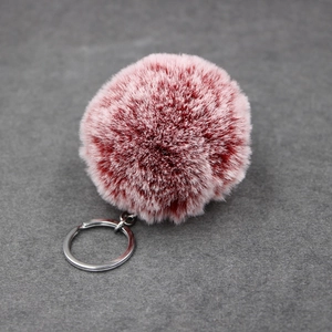Pink gradient faux rabbit fur pom pom keychain with silver metal ring for bags and keys