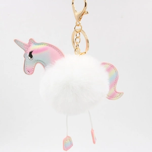 Cute Unicorn Faux Fur Pom Pom Keychain Iridescent Synthetic Leather Animal Bag Charm For Women Kids Key Ring Decoration