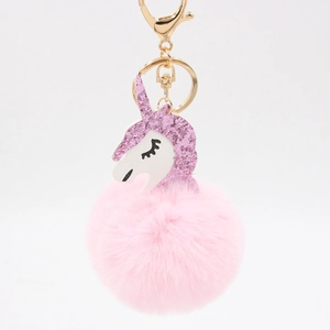 Pink plush ball unicorn keychain with purple glitter unicorn head and gold metal hook