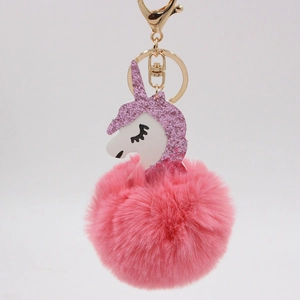 Pink plush unicorn keychain with purple sequins and golden clasp for women's bags