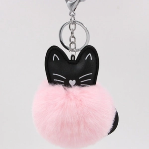 Cute Cartoon Cat PU Leather Artificial Fur Ball Keychain Pompom Handbag Charm Pendant For Women Girls Daily Decoration Gift