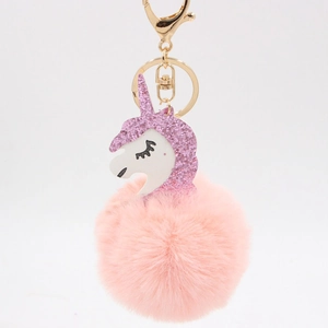 Pink unicorn pom pom keychain with glitter sequins and fluffy faux fur for handbags