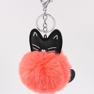 PU leather cat pompom keychain with coral orange plush ball and silver lobster clasp