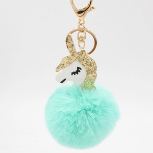 Cute Unicorn Pompom Keychain For Women Girl Faux Rabbit Fur Ball Sequin Glitter Horse Head Charm PU Leather Bag Pendant Fashion Keyring Gift