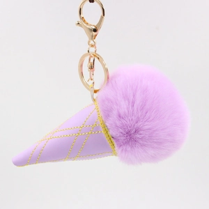 Ice Cream Pom Pom Keychain Faux Fur Plush Bag Charm PU Leather Cone Pendant Women Girls Handbag Car Key Ring Holder Accessory