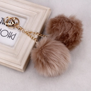 Faux rabbit fur double pompom keychain with gold lobster clasp for bags and car keys