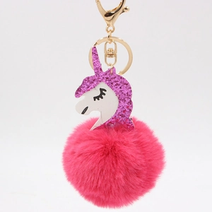 Glitter unicorn keychain with colorful plush faux fur ball for women's handbag