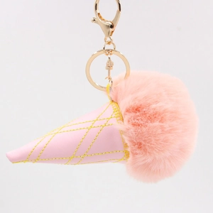 Pink faux fur ice cream keychain with a quilted PU leather cone and gold lobster clasp