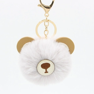 Cute cartoon bear pom pom keychain with faux fur and golden metal ring for bags