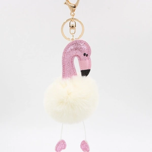Porte-clés flamant rose à paillettes avec pompon en fausse fourrure blanche et doré