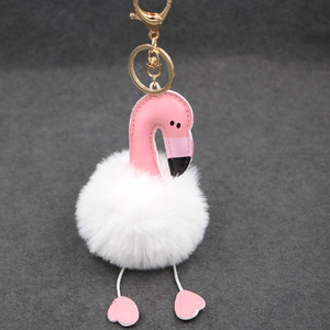 Porte-clés Pompon Flamant Rose Pendentif Sac Fausse Fourrure Cuir PU Rose Design Animal Fermoir Mousqueton Or Bijou Femme