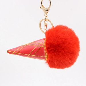 Cute ice cream keychain with red faux fur pompom and golden lobster clasp for handbags