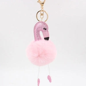 Porte-clés flamant rose à paillettes avec pompon en fausse fourrure et crochet doré