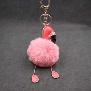 Porte-clés flamant rose en peluche avec pompon et mousqueton doré pour sacs à main