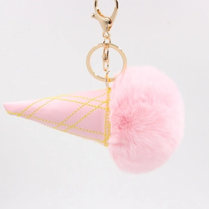Pink faux fur ice cream keychain with PU leather cone and golden metal ring