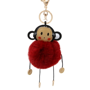 Cute red faux fur monkey keychain with golden ring for handbags and creative backpack decor