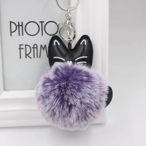 Detailed view of purple faux fur pompom cat keychain with black PU leather head and silver clasp