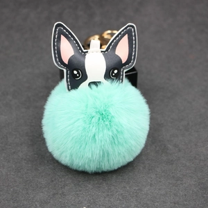 Nahaufnahme von mintgrünem flauschigem Pompon-Schlüsselanhänger mit Hundepatch
