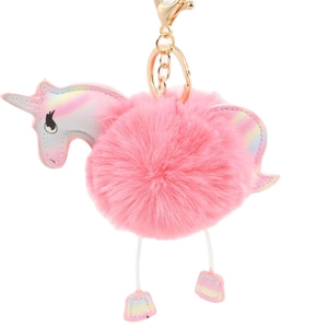 Pink plush unicorn keychain with iridescent rainbow wings and a golden metal clip