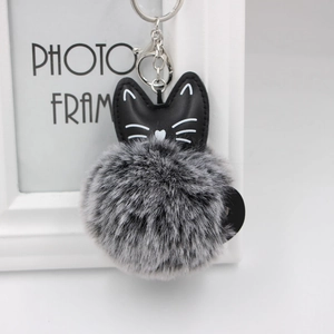 Detail of a cat-shaped PU leather keychain with a fluffy gray faux fur pompom ball